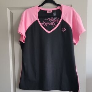 Harley Davidson Pink and Black V-Neck T-Shirt
